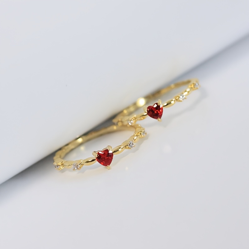 Heart Shaped Red Stone Engagement Ring Copper Single Stone Setting Plating